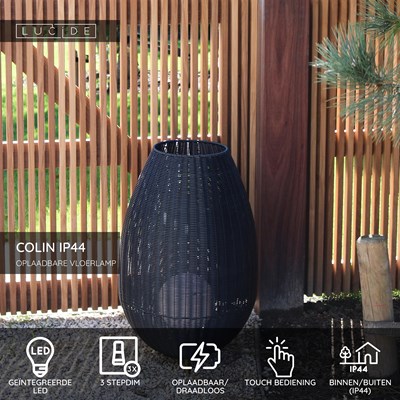 Lucide COLIN IP44 - Oplaadbare Vloerlamp Binnen/Buiten - Accu/Batterij - LED 3 StepDim - 1x3W 3000K - IP44 - Zwart